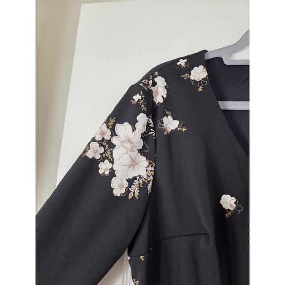 Vintage CDC Asian Floral Whimsigoth Dark Romantic Tie Neck Midi Dress, Size 10 - Picture 5 of 15